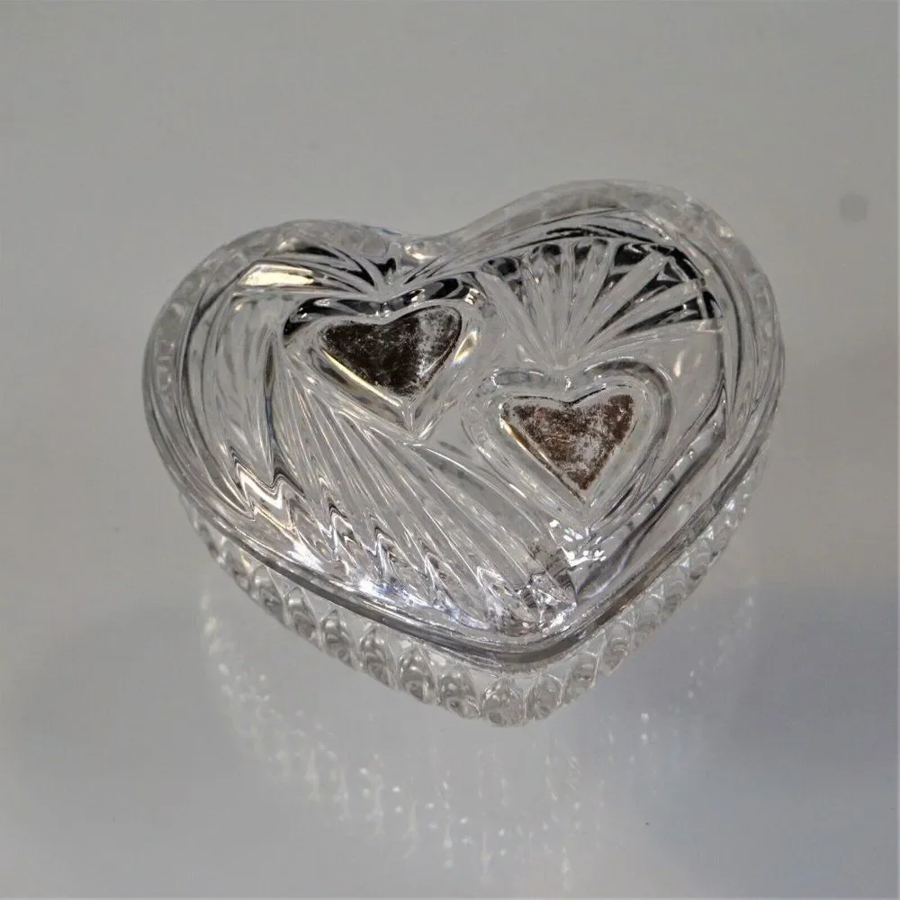 Vintage Trinket Dish Heart Shaped Starburst Crystal Cut Glass Jewelry Box